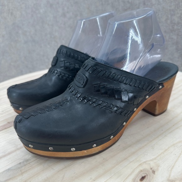 UGG Australia Shoes - UGG Australia Black Leather Woven Whipstitch Wood Heel Studded Clogs Mules 8